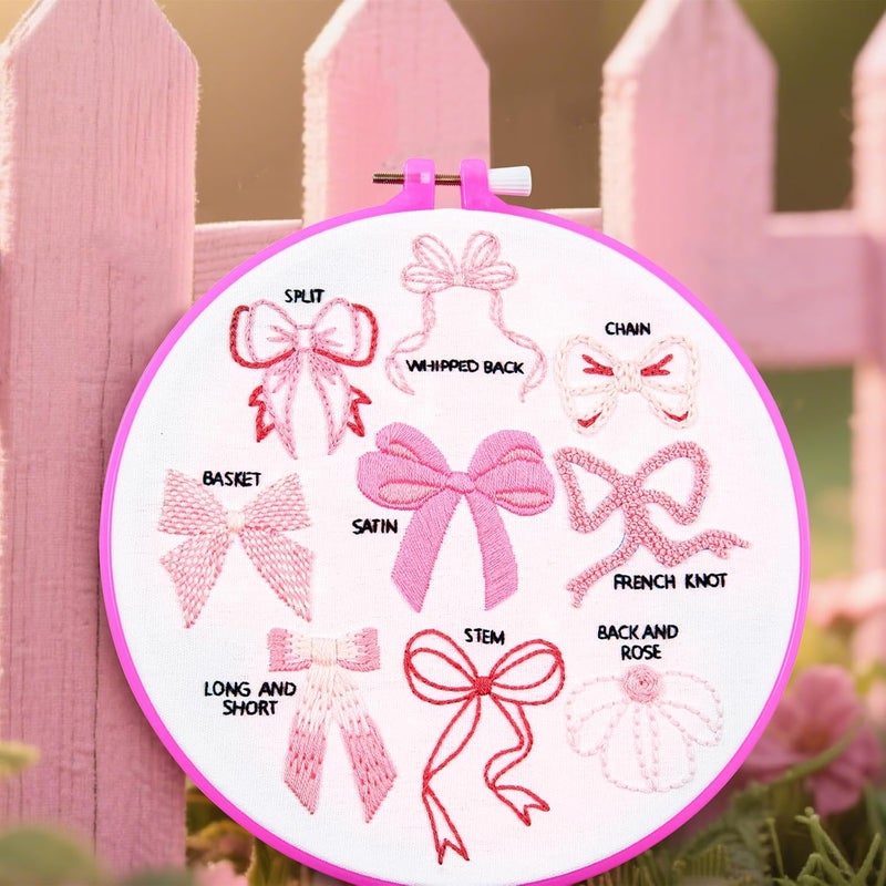 Crafmanoe Pink Bowknot Embroidery Kits for Beginners Adults, Cute Hand Embroidery Starter Kits, Counted Cross Stitch Kits for Beginners DIY Craft Kits for Adults Women, Embroidery Hoops, Thread & Video Tutorial - Image 2